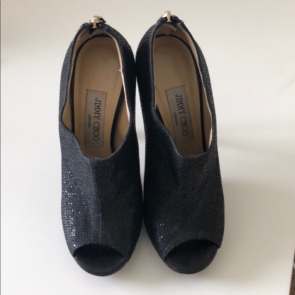 Jimmy Choo Black Glint Glitter Open Toe Booties